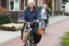 An older lady rides her bike on a smooth, wide cycle path. She has shopping in her panniers and a bag hanging from her handlebars. A young mother with baby cycle behind.