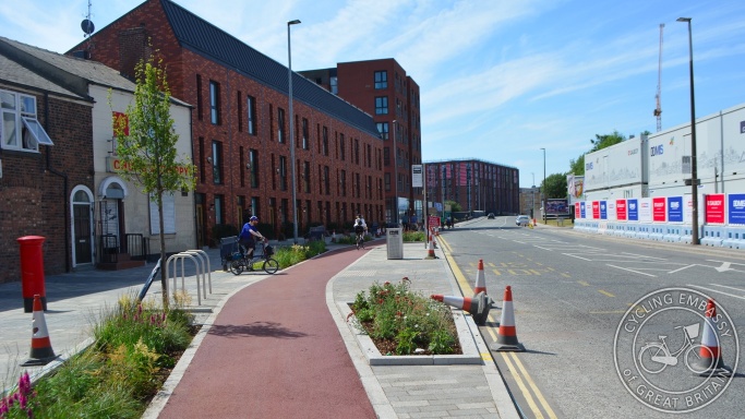 Protected cycleway and bus stop bypass, Oldfield Road, Salford, Greater Manchester