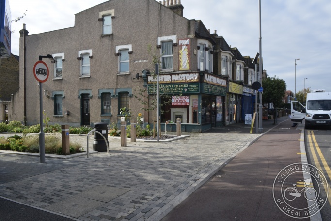 Protected cycleway with filtered side road, Waltham Forest, London, England