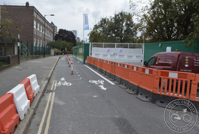 A filtered street with cycle access retained during construction work in Hackney, London