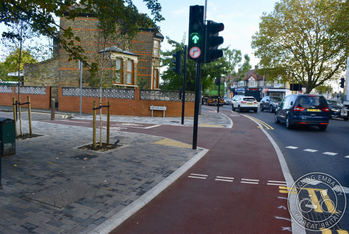 Protected cycleway and filtered side road, Waltham Forest, London